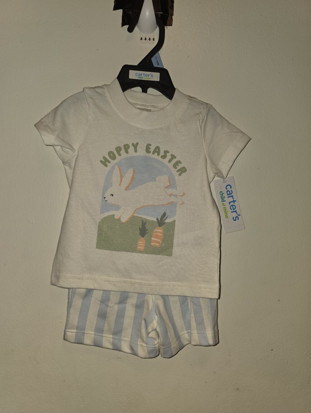 Carter's White Top with Pastel Bunny & Blue-White Striped Shorts Pajama Set